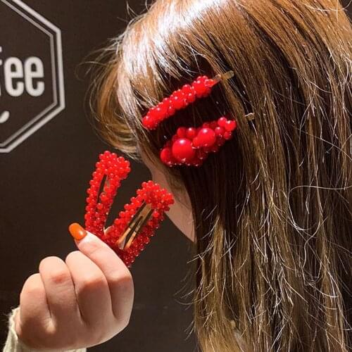 1Pc Fashion Red Pearl Hair Clip for Women Elegant Korean Design Snap Barrette Stick Hairpin Hair Styling Accessories