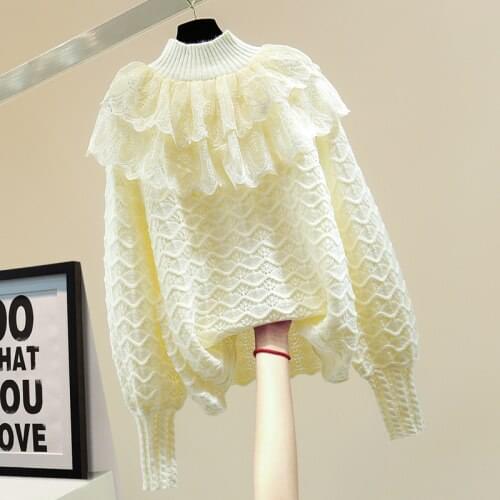 Mesh Patchwork Ruffled Turtleneck Sweater Women 2021 Spring Winter Korean Style Solid Color Hollow Lace Embroidered Sweaters