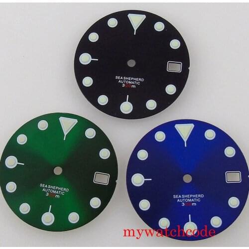 29mm Black/Green/Blue Sterile Watch Dial Green Luminous Fit Crown At 3/4 0'clock Sunburst Dial Parts