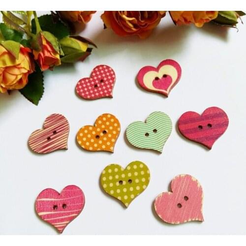 50PCs Decorative Heart Buttons Wood Sewing Buttons Scrapbooking Pattern Printed 23mm*25mm Sewing Accessories
