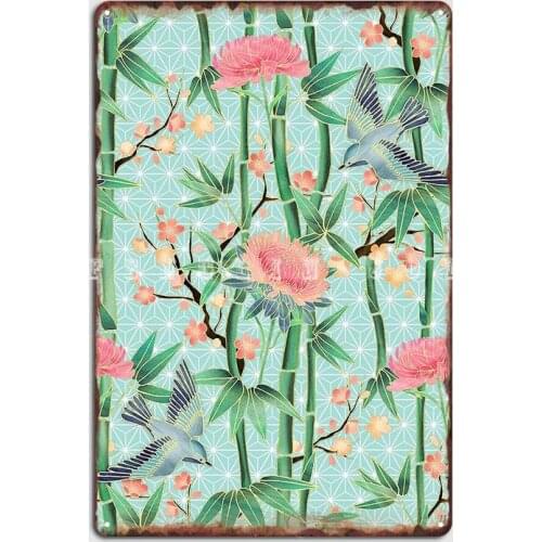 Bamboo Birds And Blossom Soft Blue Green Metal Sign Designing Cinema Living Room Wall Plaque Garage Club Tin Sign Poster