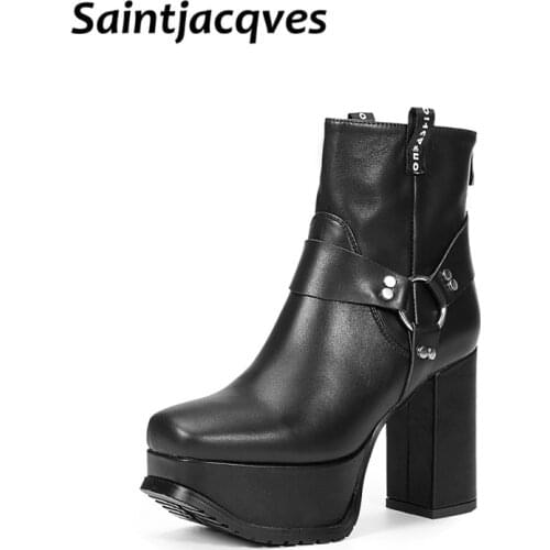 Fashion Black Boots Women Heel Spring Autumn Lace-up Soft Leather Platform Shoes Woman Party Ankle Boots High Heels Punk