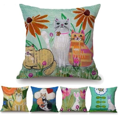 Cartoon Rabbit Bunny Flower Cat Couple Animal Cushion Cover Oil Painting Beige Linen Throw Pillow Case 45X45cm Sofa Decoration