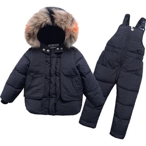Childrens Down Jacket Suit Baby Infant Hooded Overalls Pants Two-Piece Sets Boy Girls' Winter Warm Clothing For Fur Collar Coat