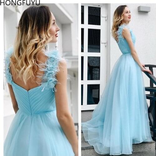 HONGFUYU Chiffon A-line Sweetheart vestidos Prom Dress Evening Dresses Ruched Long Party robe de soiree with Feathers Shoulder
