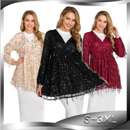 Elegant Womens Sequins Tops Muslim Blouse Shirt Dress Long Abaya Robe Gowns Vetement Femme Jubah Ramadan Arabic Kaftan Islamic
