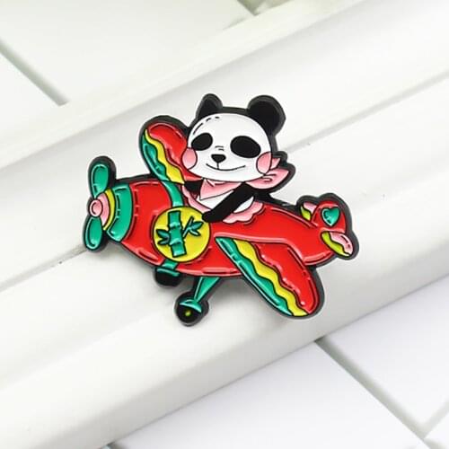 Cartoon Panda Flying Airplane Enamel Brooch Red Plane Bamboo Panda Cute Animal Lapel Pin Backpack Jackets Custom Badge