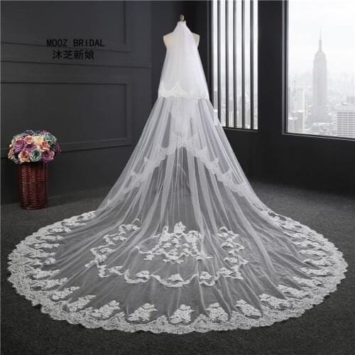 Hot Sell Veil for Bride Real Picture 3.5m Length 3m Width White Ivory Lace Edge Applique Wedding Accessories Bridal Veils