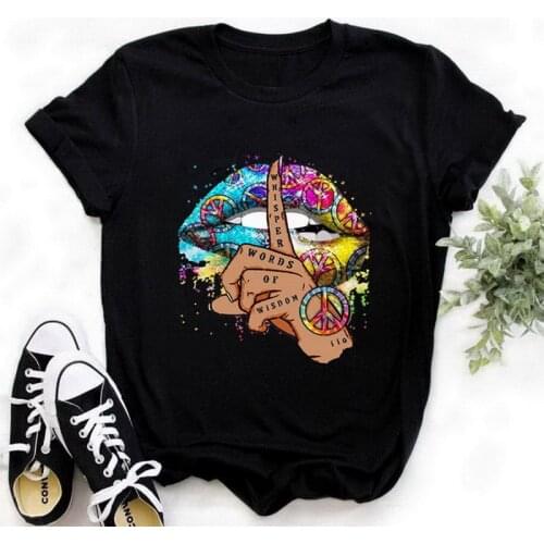 Lips Watercolor Graphic Women T Shirt Girl Base O-neck Sexy Black Tops Funny Female Kiss Lip Funny Whisper Words Clothes