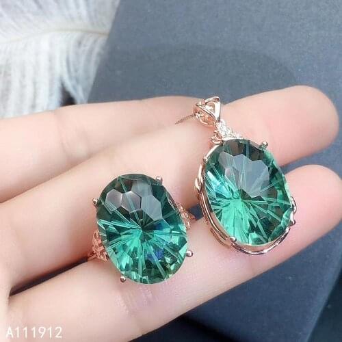 KJJEAXCMY fine jewelry Green crystal 925 sterling silver women pendant necklace chain ring set noble