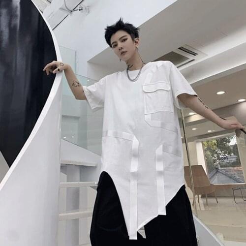 Summer dress dark black ins personalized ribbon decoration Korean mens Casual Short Sleeve T-Shirt hairstylist asymmetric T-shi
