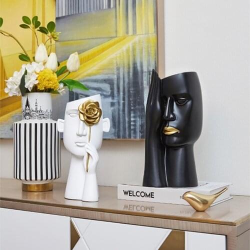 Minimalist Portrait Vases Resin Sculpture Black Human Head Vase Flower Pot Office Desk Decor Flower Arrangement Home Decoration