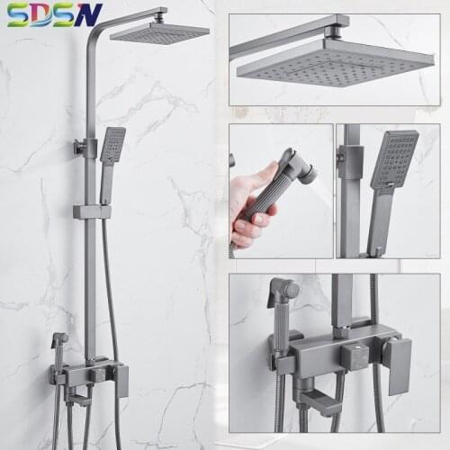 Bathroom Brass Shower Faucets Set Rainfall Shower Head Square Tube Hot and Cold Bathroom Shower Mixer Rotatble Shower Faucet Tap