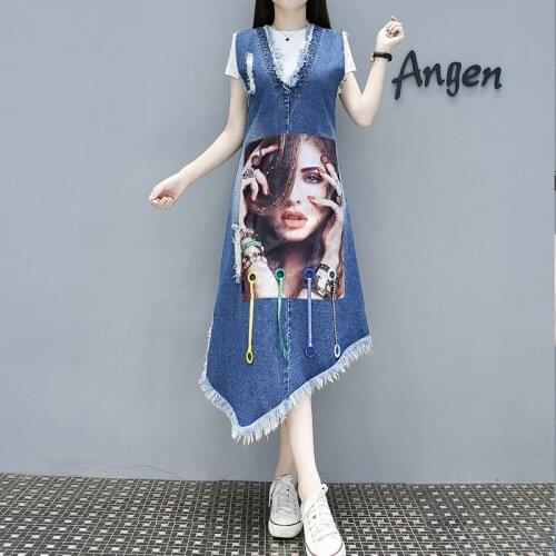 Summer new 2020 large size womens denim blue single-breasted cover belly beautiful fat sister dress