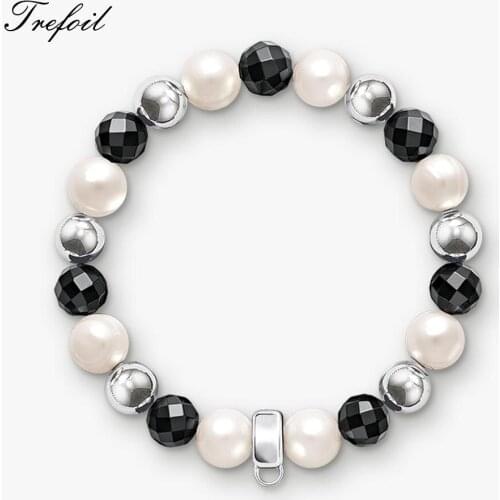 Charms Bracelets Freshwater Pearl Black Beads, 925 Sterling Silver Fashion Jewelry Carrier Trendy Gift for Women Girls 2018 New