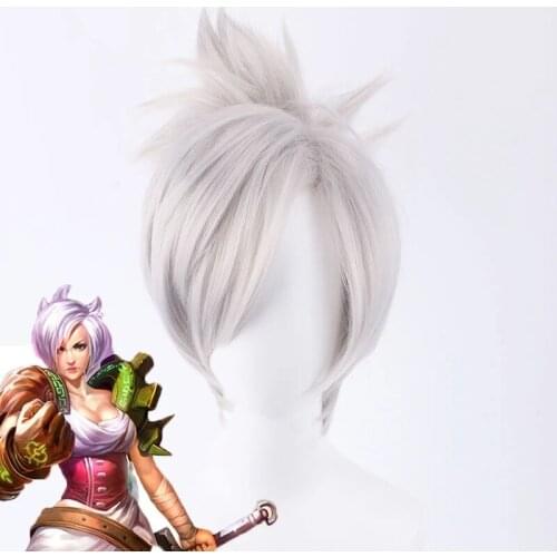 LOL Riven the Blade of Exile Wig Cosplay Costume Short Silver White Synthetic Hair Wigs with Chip Ponytail + Hairnet