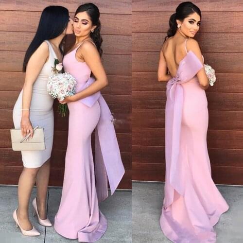 2019 Bridesmaid Dresses Long Spaghetti Straps Big Bow Mermaid Party Dress Satin Maid Of Honor Wedding Guest Dress