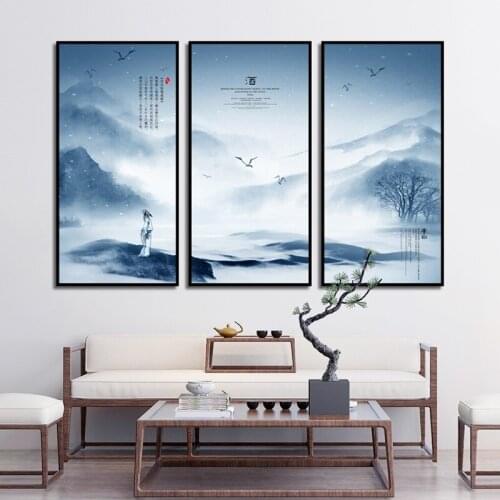 Three-piece Chinese Ink Landscape Poster Mountain Lake Landscape Canvas Painting Modern Home Decor Wall Art Picture Frameless