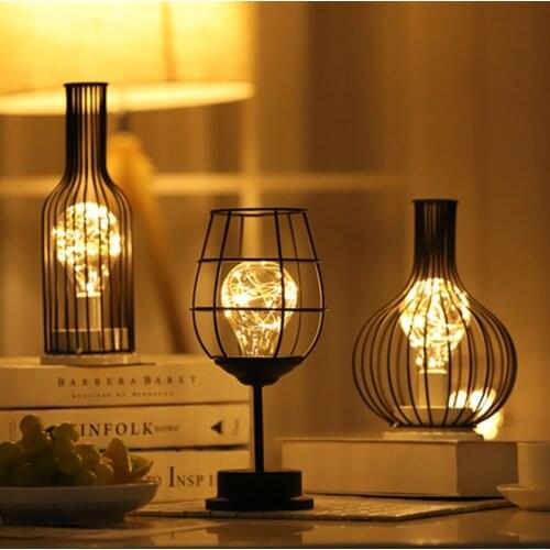 Retro Iron Winebottle Led Table Lamp Art Minimalist Hollow Copper Wire Night Light Hotel Home Decoration Reading Lamp Desk Lamp