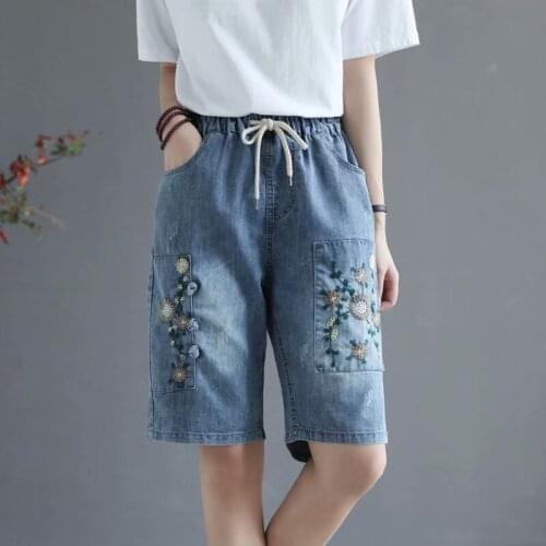 Summer Denim Shorts Women Casual Washed Ripped Embroidery Vintage High Waist Drawstring Female Loose Distressed Jeans Short