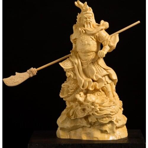 Guan Yu Statue 16CM Three Kingdoms Buddha Statue Solid Wood Ornaments Boxwood Carving Feng Shui Bodhisattva Home Decorations