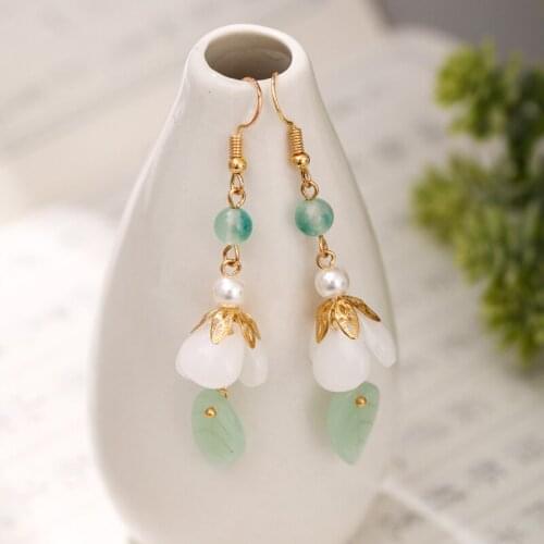 Women Faux Pearl Earings Imitated Jade Antique Earrings Han Chinese Clothing Cheongsam Bride Wedding Accessories Oriental Style