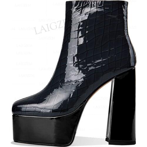 LAIGZEM Women Ankle Platform Boots Genuine Leather Thick High Heels Side Zip Up Booties Ladies Female Shoes Woman Size 37 39 40