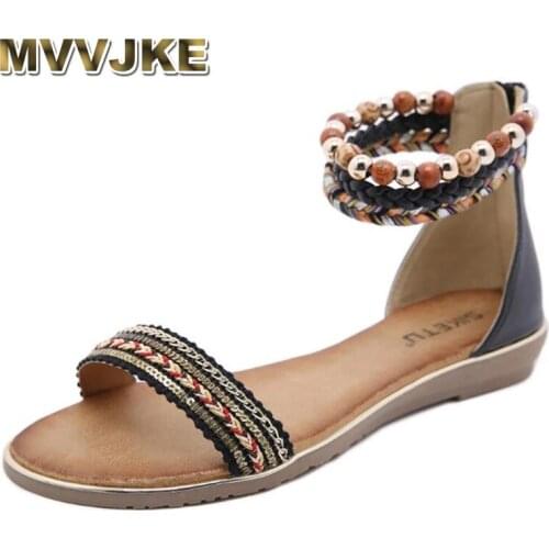 MVVJKE New Women Shoes Comfort Rome Gladiator Beaded Casual Beach Sandals Female Summer Zip Ladies Sandalias Large Size 35-42