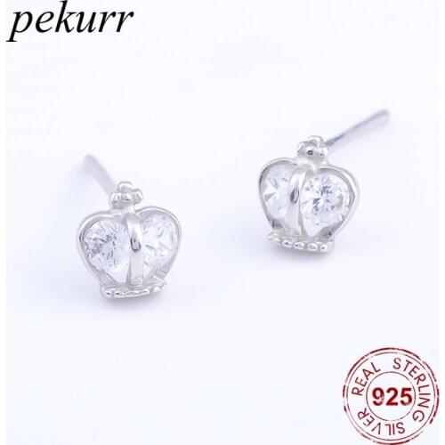 Pekurr 925 Sterling Silver 3D Zircon Round Crown Stud Earrings For Women Accesories Lantern Shape Fashion Jewelry Brincos