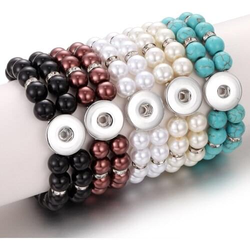 Snap Jewelry Bracelet Handmade Beads 18mm Snap Button Bracelets Elasticity 10mm Imitation Pearls Beaded Snap Bracelets for Women