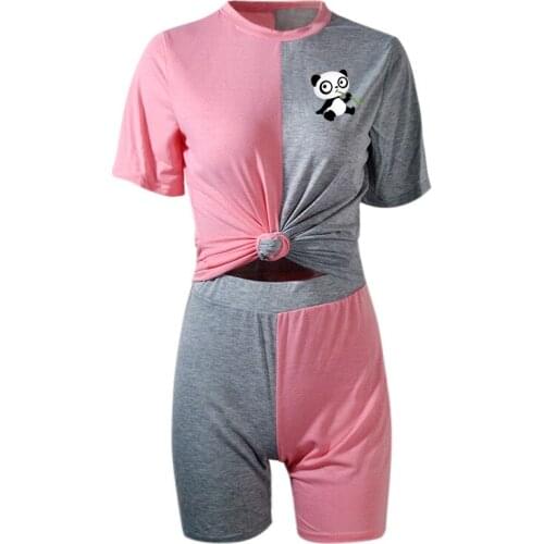 2 Pcs Set Summer Womens T-shirt+Shorts Color Contrast Cartoon Bear/Panda Printing Fashion Daily Slim Female Tracksuit Plus Size