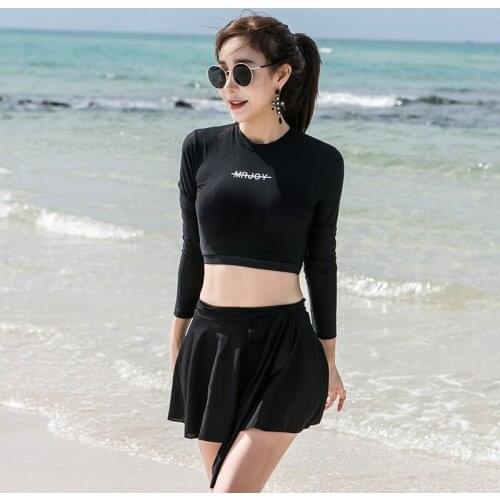 Long-Sleeve Swimwear Rashguard Women Swimsuit Girls Bathing Suit Korean New Split Skirt Sexy Solid Long Sleeve Swimsuit