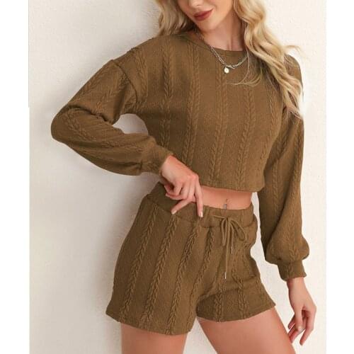 Women Knitted Sweater Two Piece Set O-Neck Lantern Sleeve Sweater And Drawstring Shorts Suits Female 2021 New Female Tracksuits