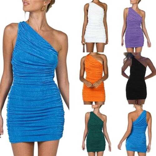 Women Close-fitting Sexy One-shoulder Dress Solid Color Sleeveless Pleated Purple/ Black/ Orange/ Blue