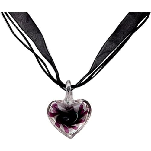 Murano Glass Pendant Necklace Purple Heart Flowers Ribbon Chain