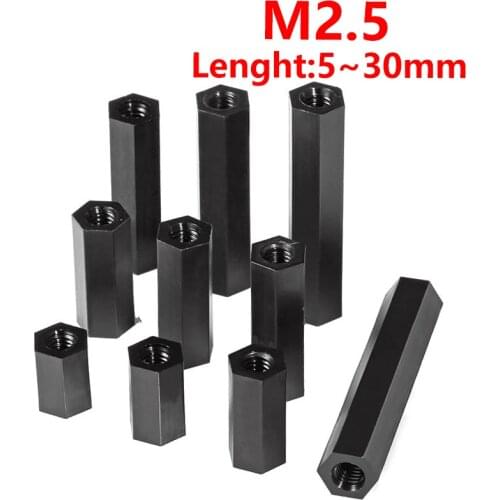 100pcs M2.5 Black Nylon hollow Hex Standoff Female Plastic Hexagonal Threaded Circuit board Spacer Pillar Boards Nut M2.5*L