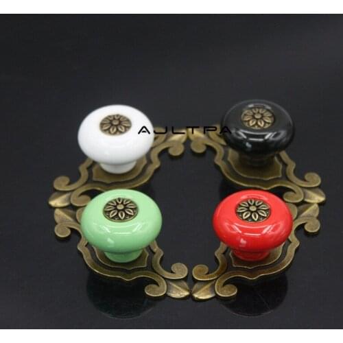 100Pcs Zinc Alloy Ceramic Antique Copper Color Cabinet Drawer Door Handle European Style Furniture Pull Handles
