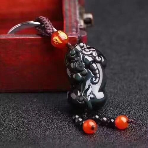 Natural Rainbow Eye Obsidian Pixiu Pendant Car Keychain Fashion Round Beads Key Chain Zinc Alloy Key Ring Men Women Jewelry Gift