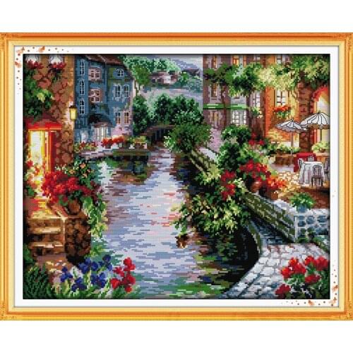 Lakeside Houses Scenic Counted Cross-Stitching 11CT Printed Handmade Cross Stitch Set Cross-stitch Kits Embroidery Needlework