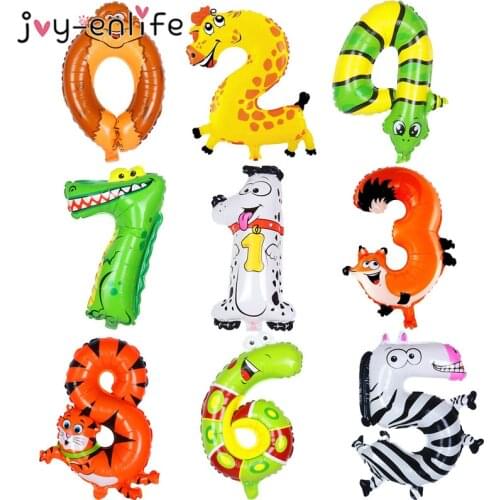 Cartoon Animals 0-9 Number Foil Balloons Jungle Safari Birthday Decor Digit Air Ballons Birthday Party Baby Shower Decoration