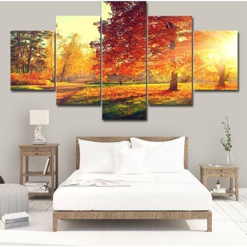 Canvas Painting Modern 5 Pieces/Pcs Sunset Landscape Art Autumn Scenery Live Wall HD Decoration Modular Forest Picture Poster