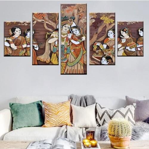 5 pieces Krishna and Radharani canvas painting mural art picture frame modular poster HD print home decor living room