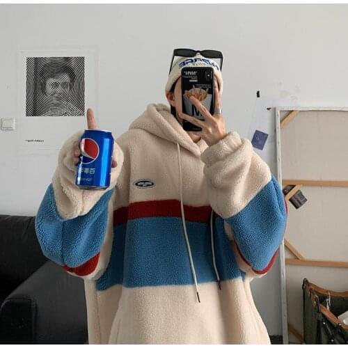 Korean version Style Fashion Fleece Hoodies Women Patchwork Stripe Hooded Sweatshirts Couples Loose Coats Casual Tops Pullover