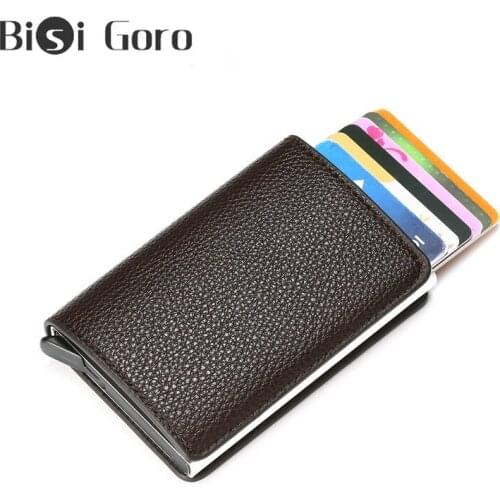 BISI GORO RFID Wallet Vintage Litchi Soft Leather Card Holder Information Protector Safety Pop-Up Aluminum Box Slim ID Card Case