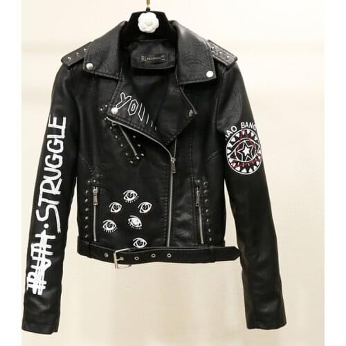 Leather Jacket Short Women\s Autumn Women Female Rivets Letters Print Motorcycle Biker Coat Faux Leather Punk Outwear