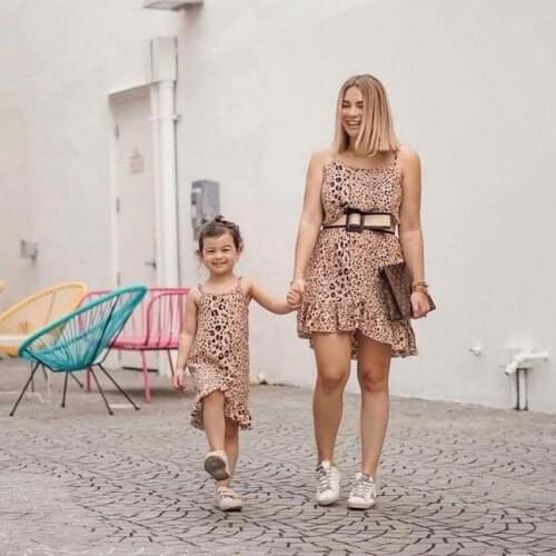 Mommy and Me Leopard Print Dress Off Shoulder Summer Striped Mini Dress Mother Daughter Dress Women Girls Princess Dress pink