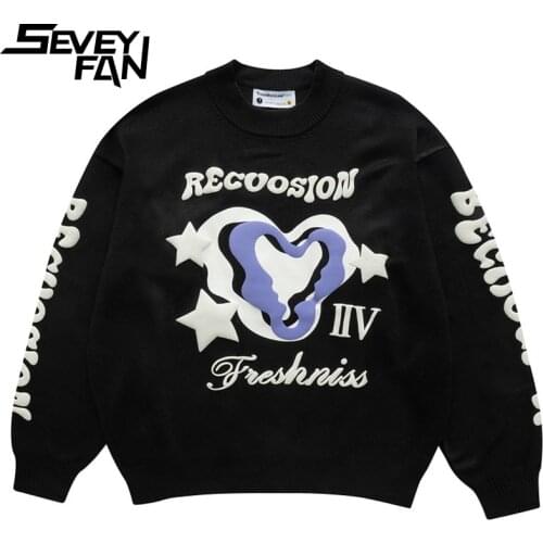 SEVEYFAN Mens Harajuku Foam Letter Sweater Hip Hop Streetwear Loose Pullover Knitwear for Couples