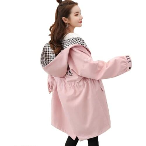 New Plus size trench coat women Spring autumn cotton Hooded Windbreaker students embroidery Casual tops thin trench female A2857