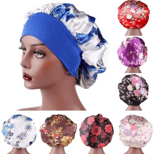 Flower Pattern Silk Satin Hat Night Sleep Cap Thin Wide Side Hair Care Beauty Bonnet Hat Side Head Cover Elastic Band