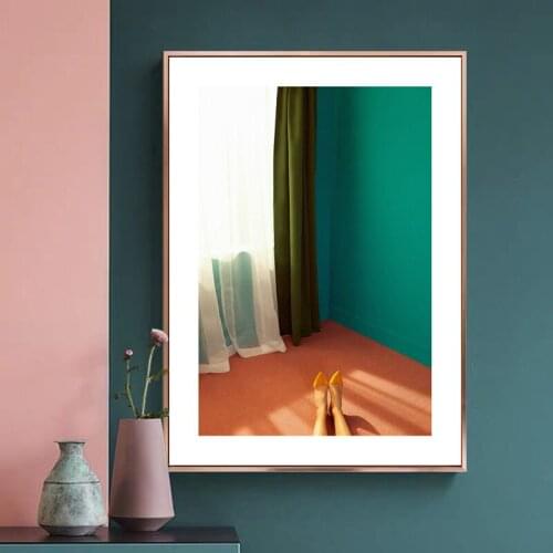 Modern Girls Room Green Wall Girls Foot Curtain Poster and Prints Wall Art Canvas Painting Pictures for Home Living RoomDecor